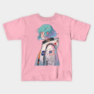 Nasa Blue Hair Astronaut Girl in Spacesuit Original Illustration Kids T-Shirt